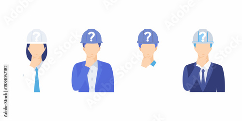 Four figures wearing construction helmets with question marks displayed