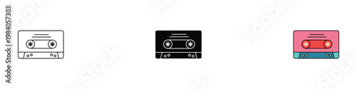 Retro cassette tape icon set for vintage music and analog audio recording. Minimalist collection of classic magnetic tape and 80s nostalgia symbols. Vector Illustration.