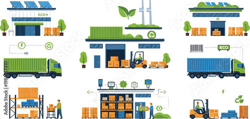 Eco friendly warehouse and sustainable logistics vector set featuring solar panels green delivery trucks electric forklifts and renewable energy distribution center elements