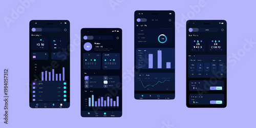 Mockups of dark mode mobile app interfaces displaying data visualizations