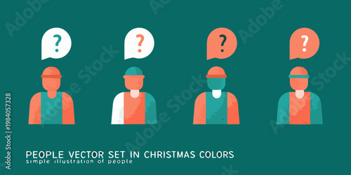 Four figures with question mark speech bubbles in festive colors