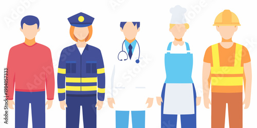 Diverse group of people representing various professions in flat vector style