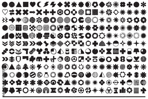 Abstract geometric shape icons set. Universal symbols collection. Minimal vector shapes, circles, arrows, crosses, stars, UI elements isolated on white