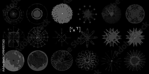 Collection of detailed grayscale illustrations resembling microscopic organisms