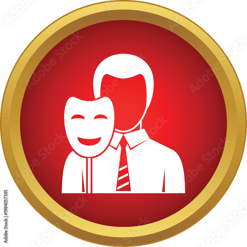 Conceptual illustration of a businessman hiding behind a theatrical mask symbolizing deceit and hypocrisy