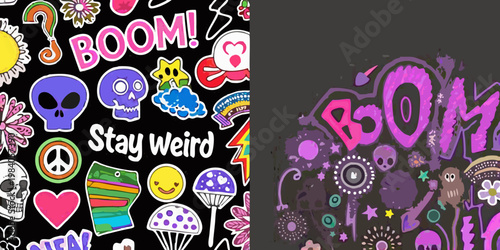 Colorful sticker collage and dark abstract design split vertically