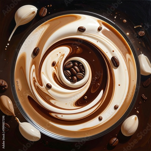 A swirly coffee cup with crema and beans on a dark background