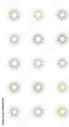 :
Glowing light burst explosion vector set with radial rays sparkles and bright flare effects isolated on white background