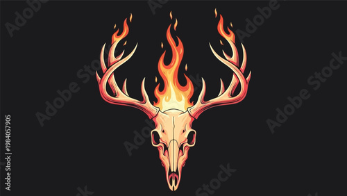Digital illustration of a deer skull with flaming antlers on a black background.