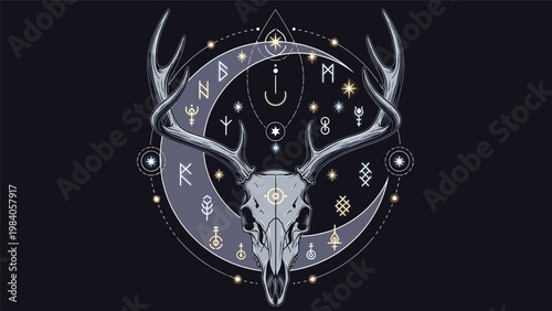 Illustration of a deer skull with antlers and celestial symbols on a black background with a circular gray design.