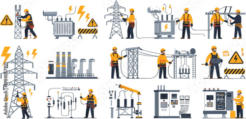 Professional electrical engineers and technicians working on high voltage power lines electricity pylons and industrial control panels for energy infrastructure and power grid maintenance vector.