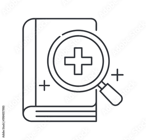 Vector of a book with a magnifying glass highlighting a cross symbol on its cover