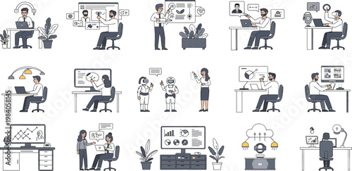 Set of professional characters working with digital media production tools virtual reality headsets and remote office technology for modern creative business projects