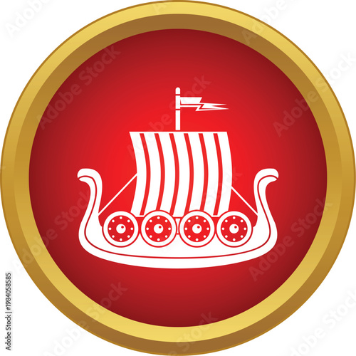 Viking longship drakkar with sail and shields inside a red circle icon