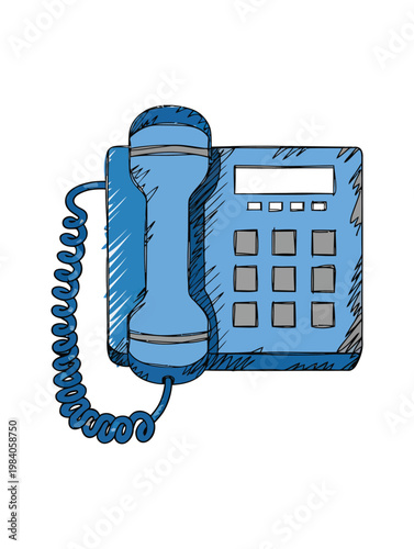 Vector of a blue landline telephone with a coiled cord and digital keypad