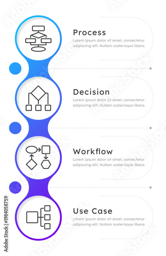 Types of flowcharts blue gradient infographic 4 steps. Decision making schemes. Information organization. Business presentation. Editable thin line icons diagram process. Lexend font used