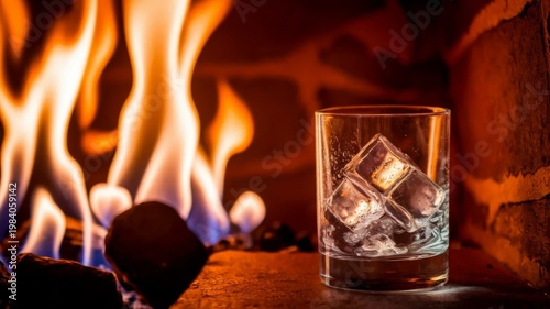 Glass with ice cubes in front of flames concept of heat and cold contrast