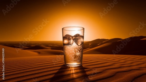 Cold sparkling drink with ice in desert sand at sunset