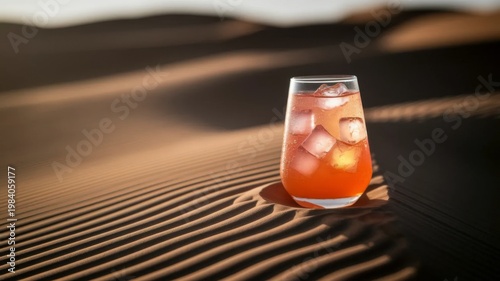 Cold sparkling drink with ice in desert sand at sunset