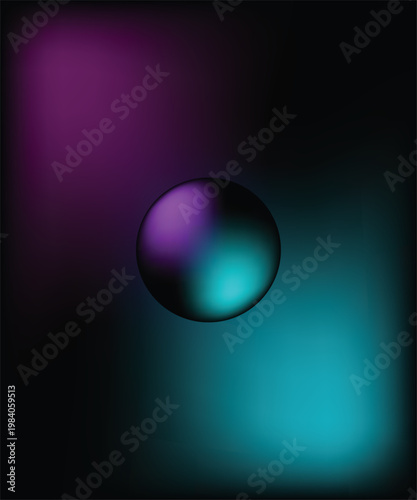 A shiny sphere with purple and green gradient lights on a dark background