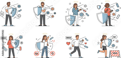 Set of flat vector illustrations featuring diverse people protected by shields against bacteria and viruses representing strong immune system, health defense, and medical protection concepts.