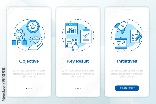 Structural okr models blue onboarding mobile app screen. Walkthrough 3 steps editable graphic instructions with linear concepts. UI, UX, GUI. Montserrat SemiBold, Regular fonts used