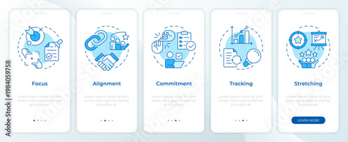 Okr system benefits blue onboarding mobile app screen. Task management. Walkthrough 5 steps editable graphic instructions with linear concepts. UI, UX, GUI. Montserrat SemiBold, Regular fonts used