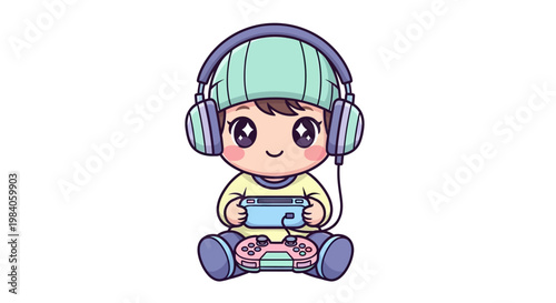 Cartoon child wearing headphones playing video.