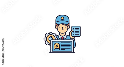 Cartoon delivery man with package details.