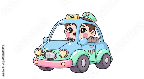Cartoon taxi driver and passenger ride.