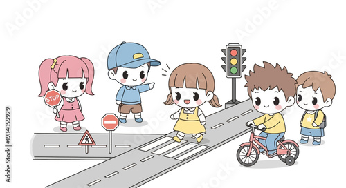 Children crossing street with bicycle.