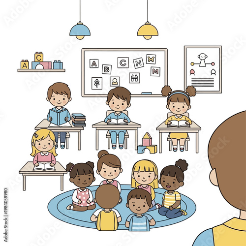 Children sitting in a classroom circle.