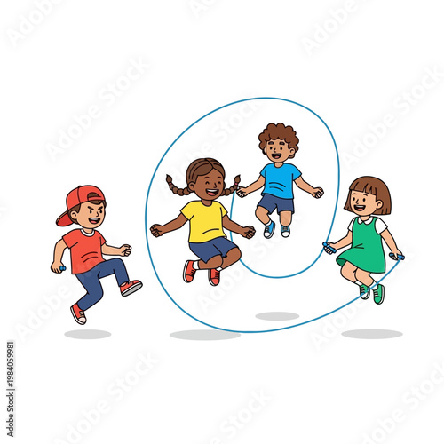 Children playing with jump rope outside.