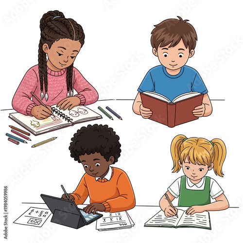 Children reading and writing books.