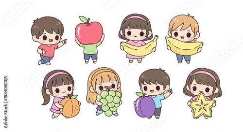 Cute cartoon children holding fruits vegetables.
