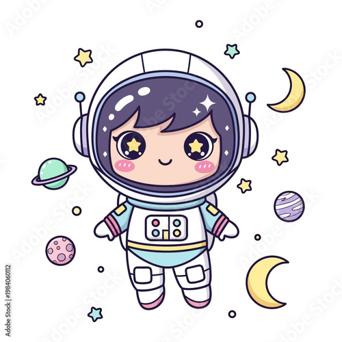 Cute cartoon girl in astronaut suit.