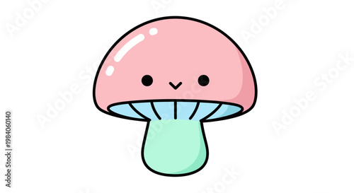Cute cartoon pink mushroom character smiling.