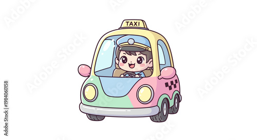 Cute cartoon taxi driver smiling.