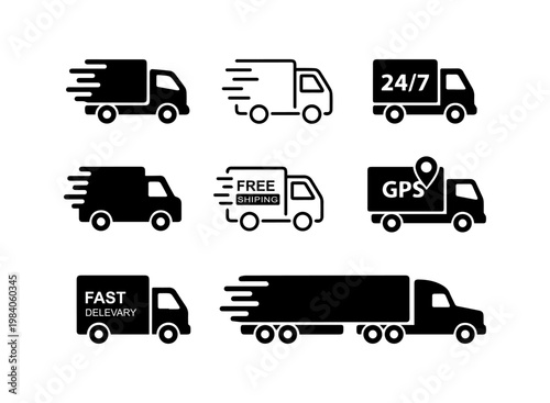 Fast delivery icon set. Free shipping, express delivery, 24 hours, fast van. Truck symbol on white background - stock vector