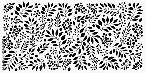Intricate black and white botanical illustration of leaves and berries