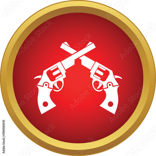 Crossed revolvers on a red circle with gold border, illustrating conflict and danger