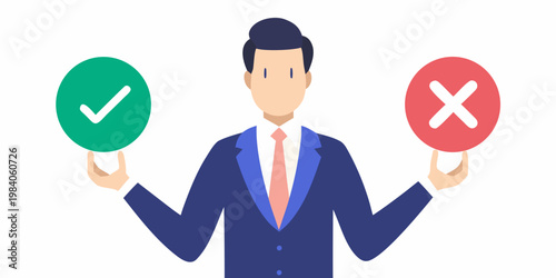 A businessman considers choices represented by check and x symbols