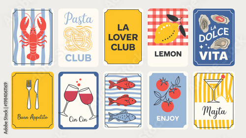 Mediterranean Food Poster Vector Set Hand Drawn, La Dolce Vita Style Doodle Cuisine Templates with Seafood, Pasta, Vegetables and Drinks, Cafe Social Media Design with Quote Typography