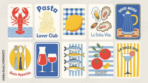 Mediterranean Food Poster Vector Set Hand Drawn, La Dolce Vita Style Doodle Cuisine Templates with Seafood, Pasta, Vegetables and Drinks, Cafe Social Media Design with Quote Typography