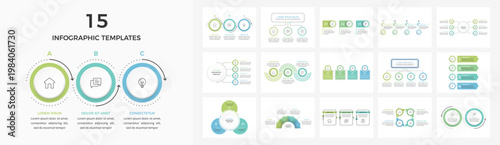 Set of 15 modern business infographic layouts, including circular flows, process timelines, hierarchy charts, and numbered steps