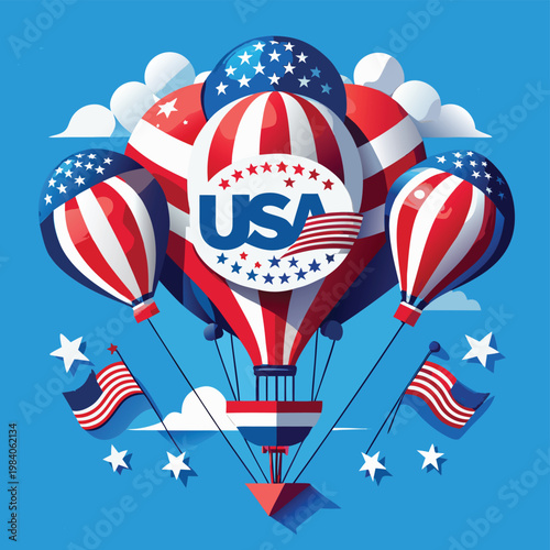 USA hot air balloons celebrate national holiday with flags
