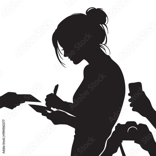 Female artist or celebrity signing an autograph for fans, silhouette illustration