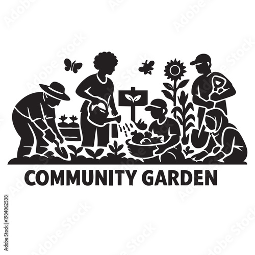 People working in a community garden silhouette with gardening logo text