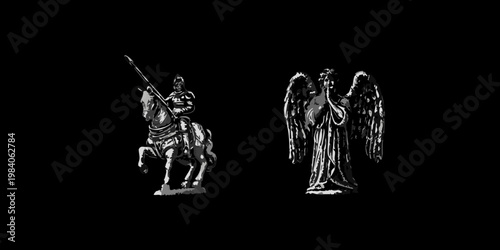 A dark image featuring a knight on horseback and weeping angels