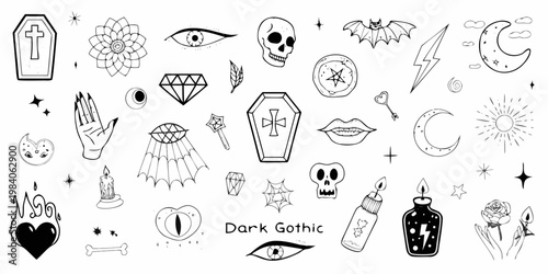 Collection of gothic and spooky hand drawn elements on a white background